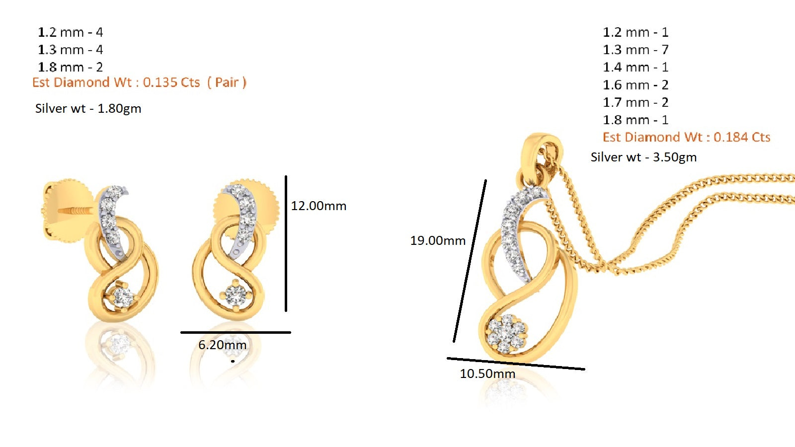 RKC 925 Perak Emas Total 0,31Ct Liontin Moissanite Berat 3,50 gram dan Anting Berat 1,80 gram Set Dengan Lapis Emas Mawar 14K