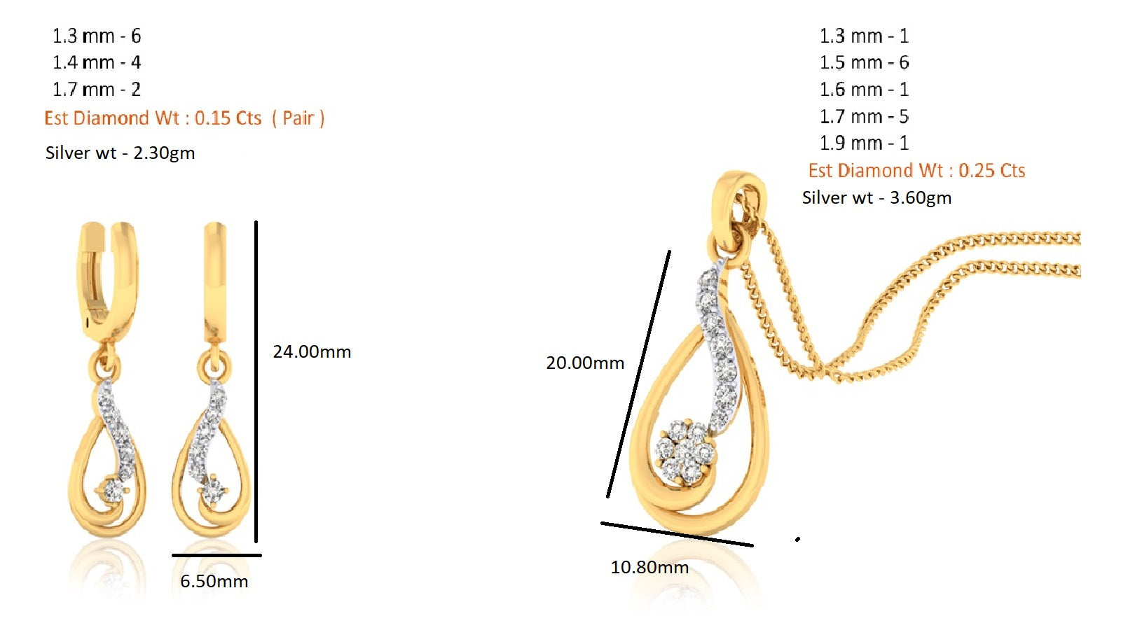 RKC 925 સિલ્વર ગોલ્ડન ટોટલ 0.40Ct મોઈસાનાઈટ પેન્ડન્ટ Wt 3.60gm અને Wt એરિંગ 2.30gm સેટ 14K યલો ગોલ્ડ પ્લેટેડ સાથે